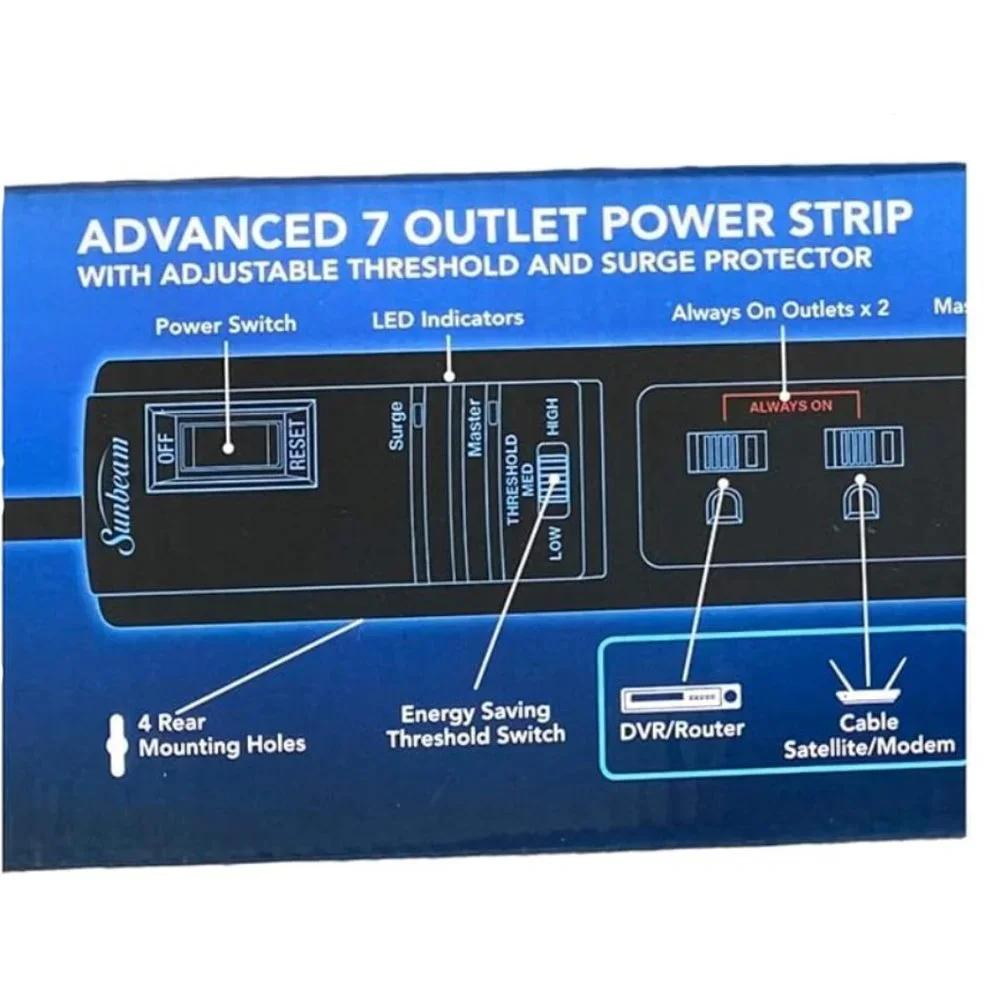 Sunbeam Advance 7 Outlet Power Strip with Surge Protector & Spaced Outlet 15A